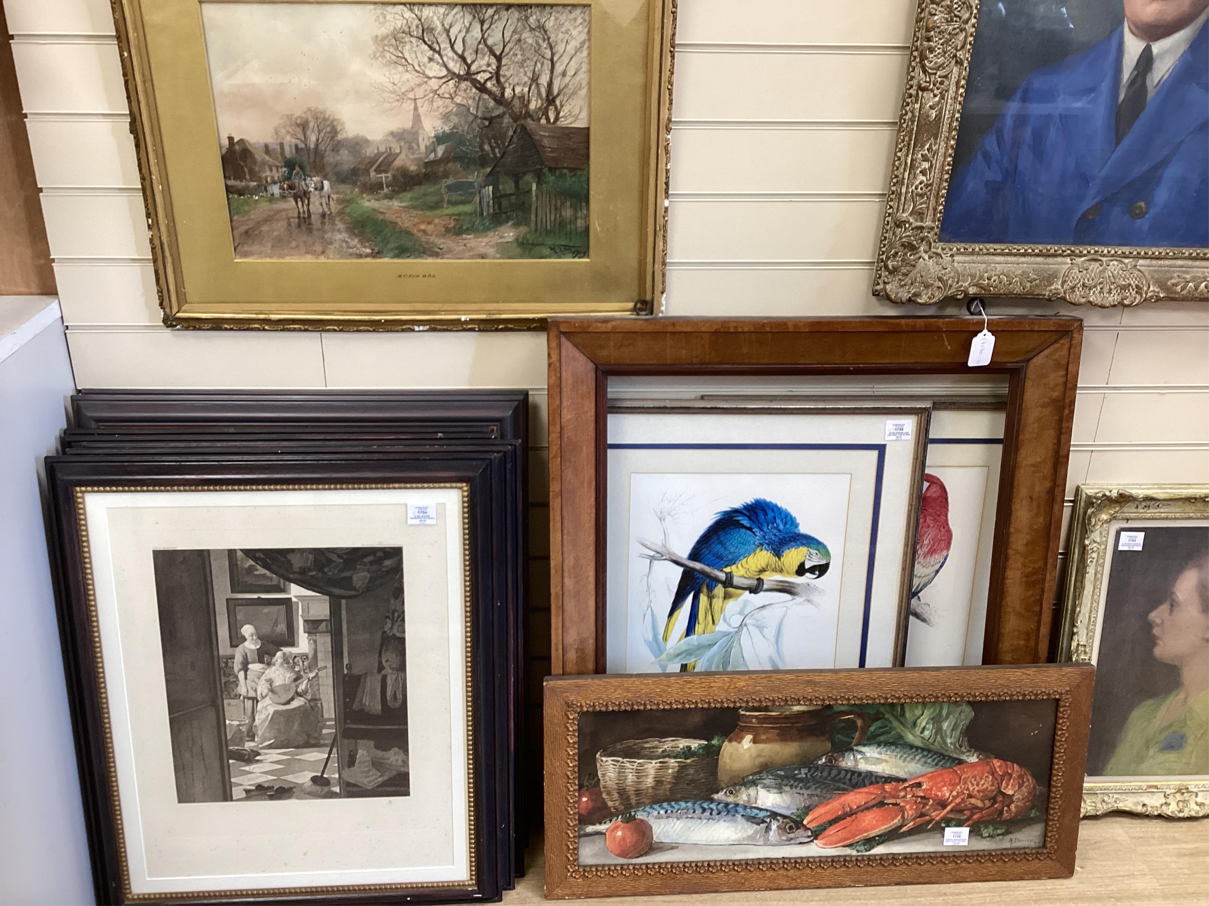 Dudley, watercolour, Still life of fish and lobster, signed and dated '99, 27 x 77cm, gilt frame. Condition - good